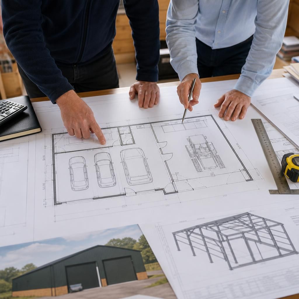 Steel garage floor plan showing vehicle bays, storage and workshop zones
