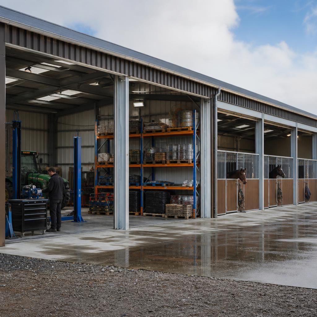 Steel-framed building divided into workshop, storage and stable areas