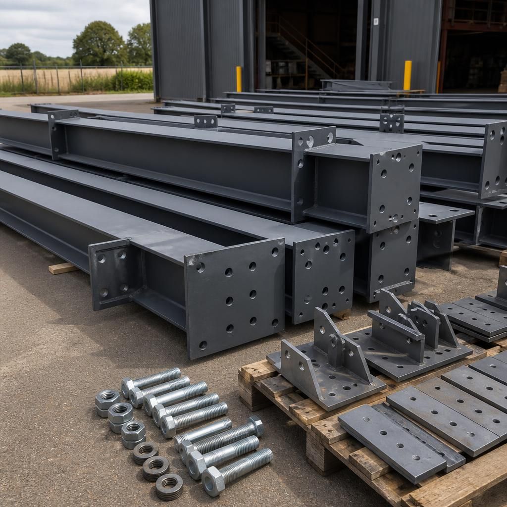Hot rolled steel frame members prepared for assembly beside connection components