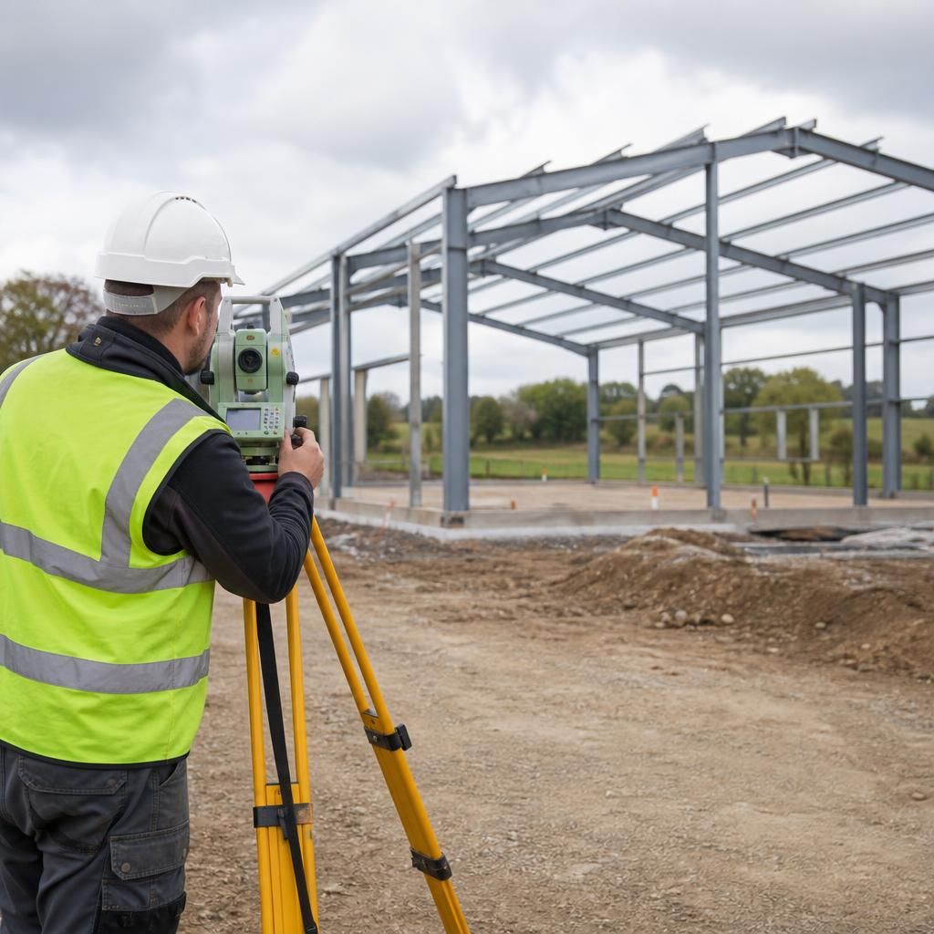 Surveyor taking measurements beside a proposed steel building site