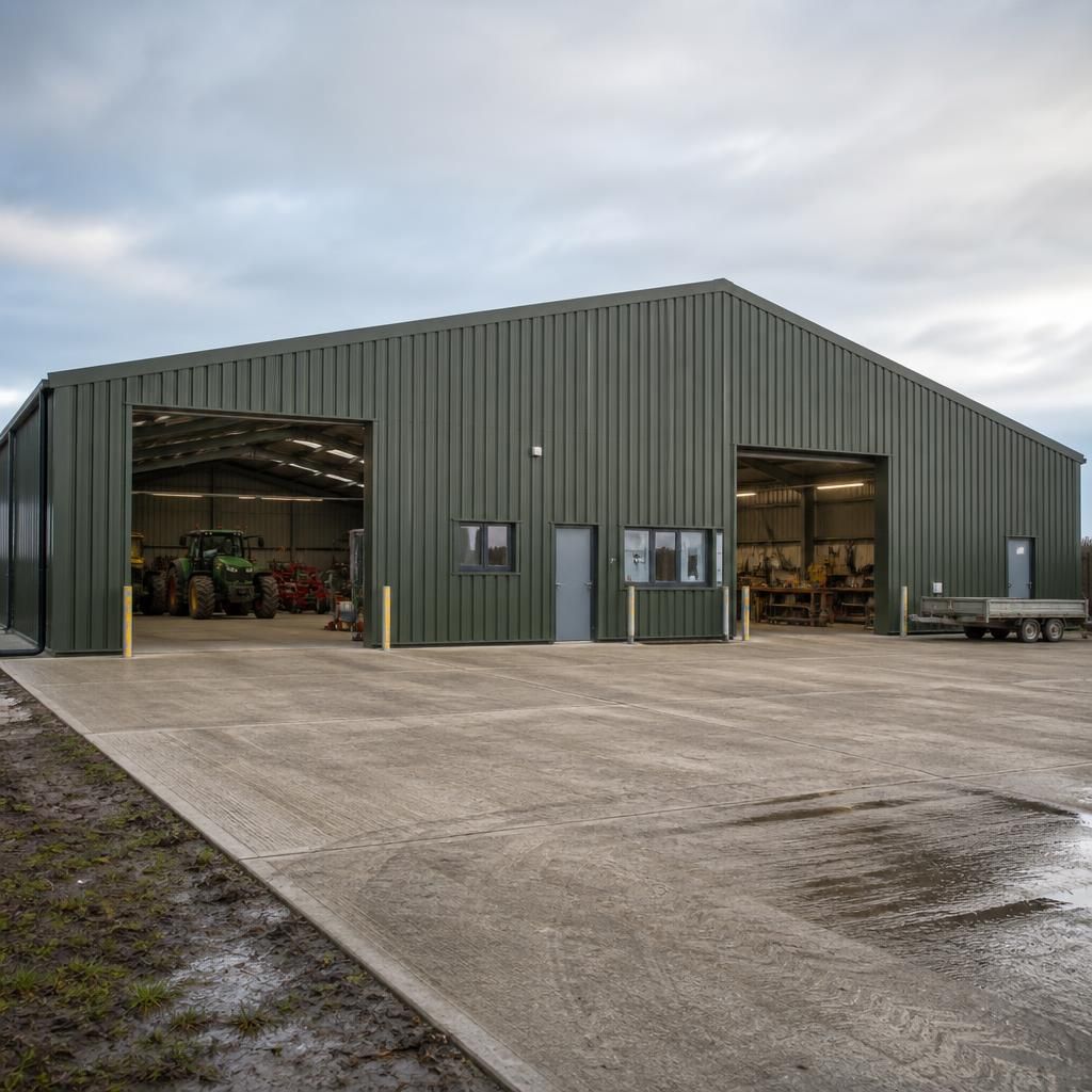 Steel framed building with separate vehicle access and enclosed work areas