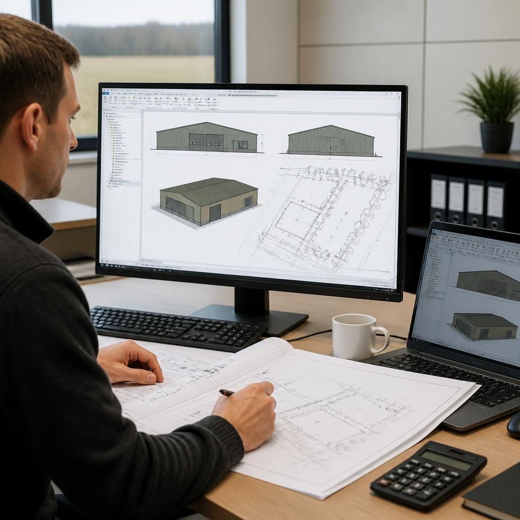Steel building planning elevations showing roof, walls, doors and surrounding site layout