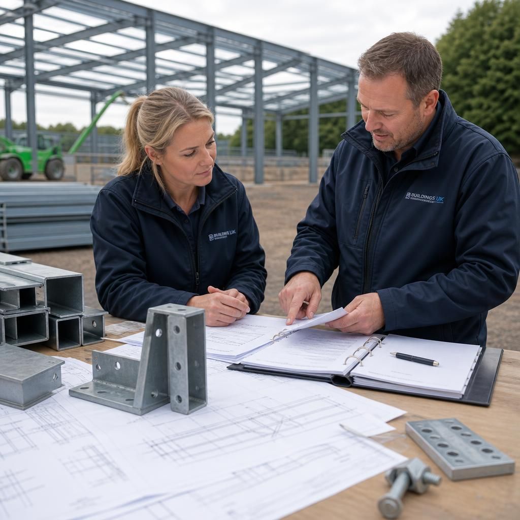 Steel building frame alongside fabrication drawings and labelled structural components