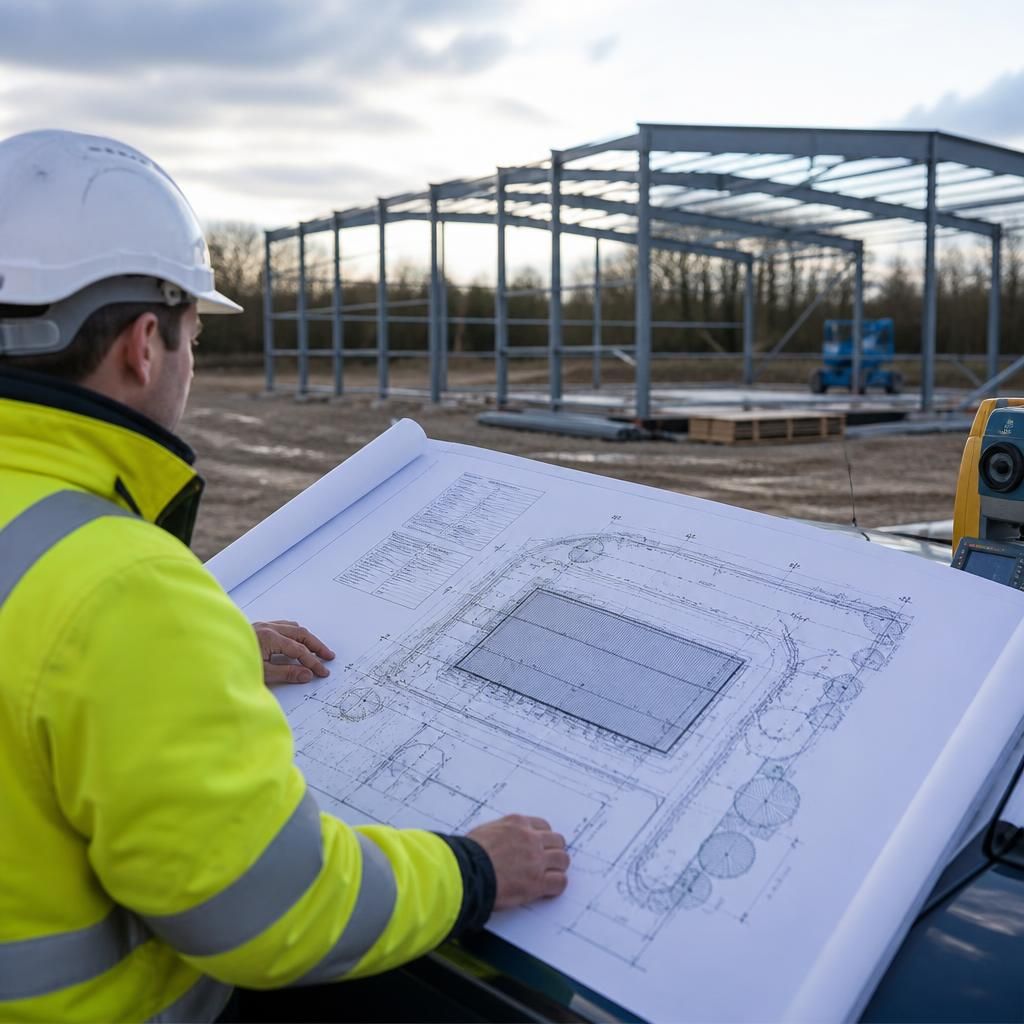 Surveyor reviewing a site plan for a proposed steel building