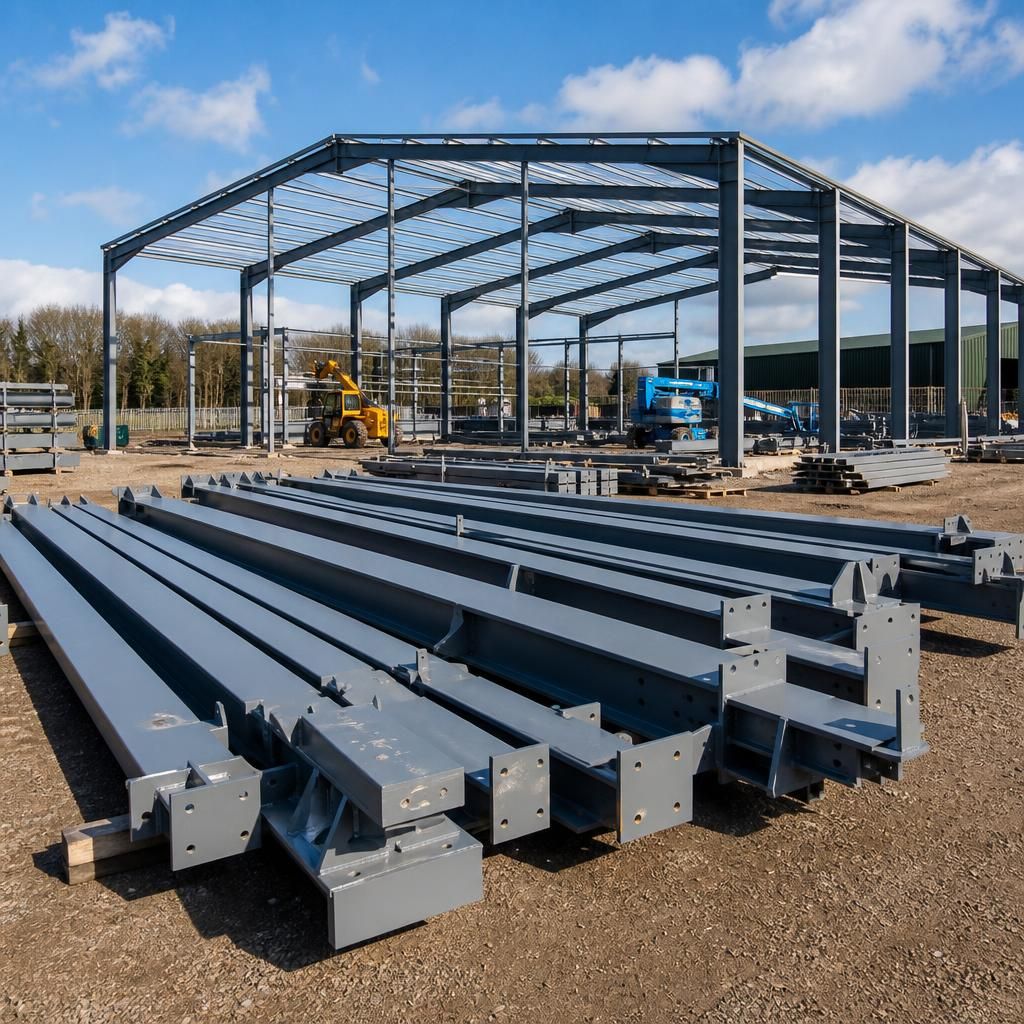 Steel building frame components arranged for site assembly