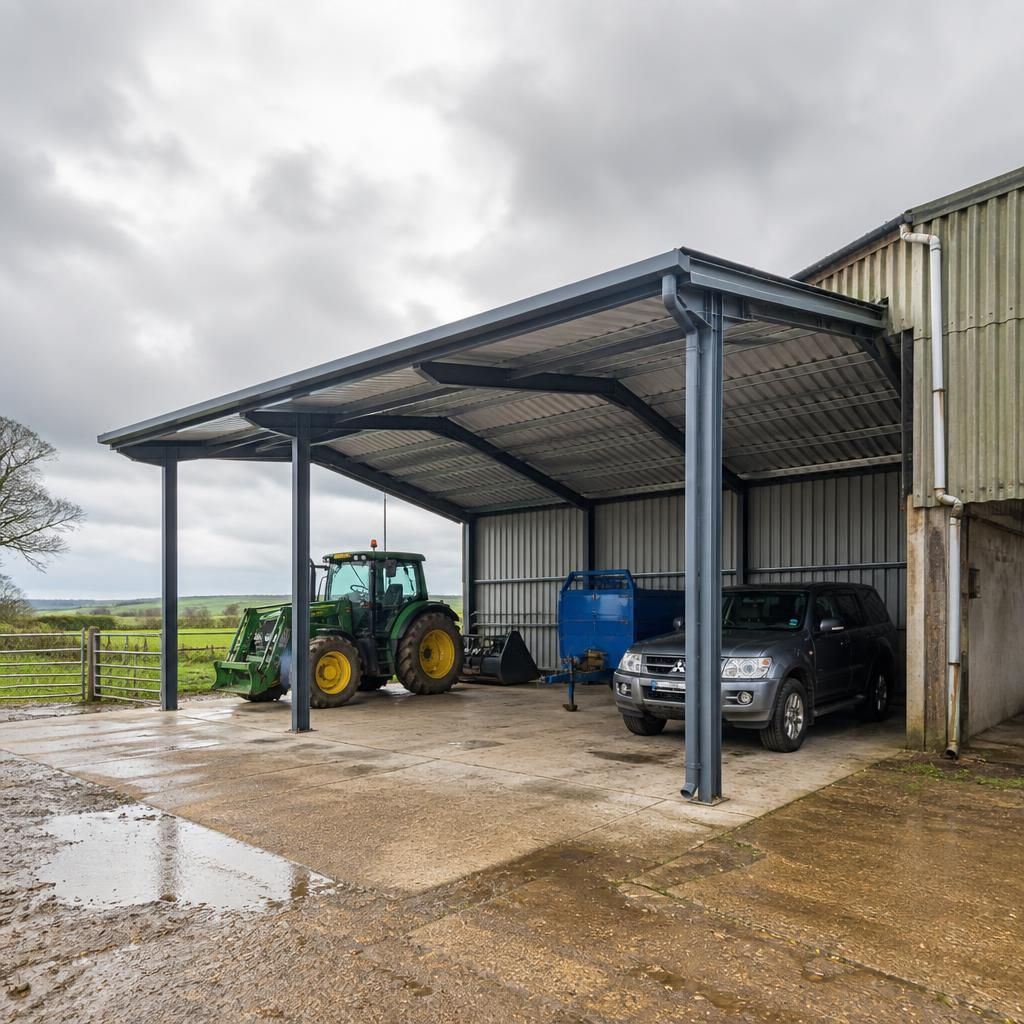 Open-sided steel carport beside an agricultural building