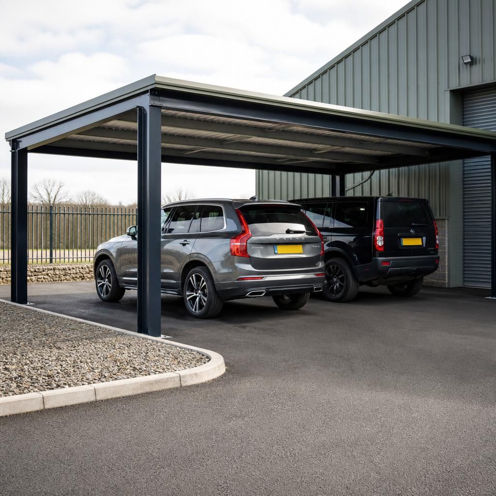 Dimensioned carport plan showing vehicle positions and steel column locations beneath the roof