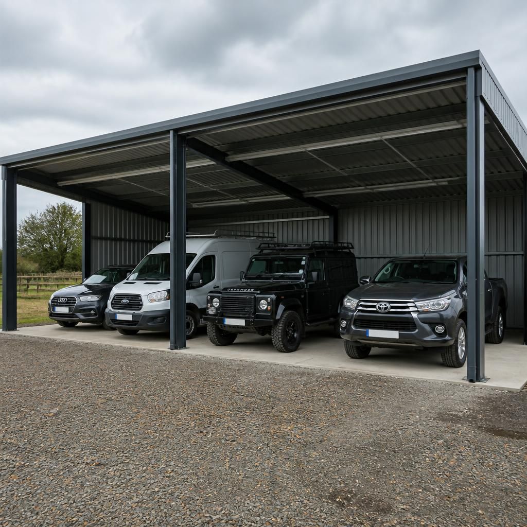 Cars, vans and a 4x4 parked beneath an open-sided steel carport