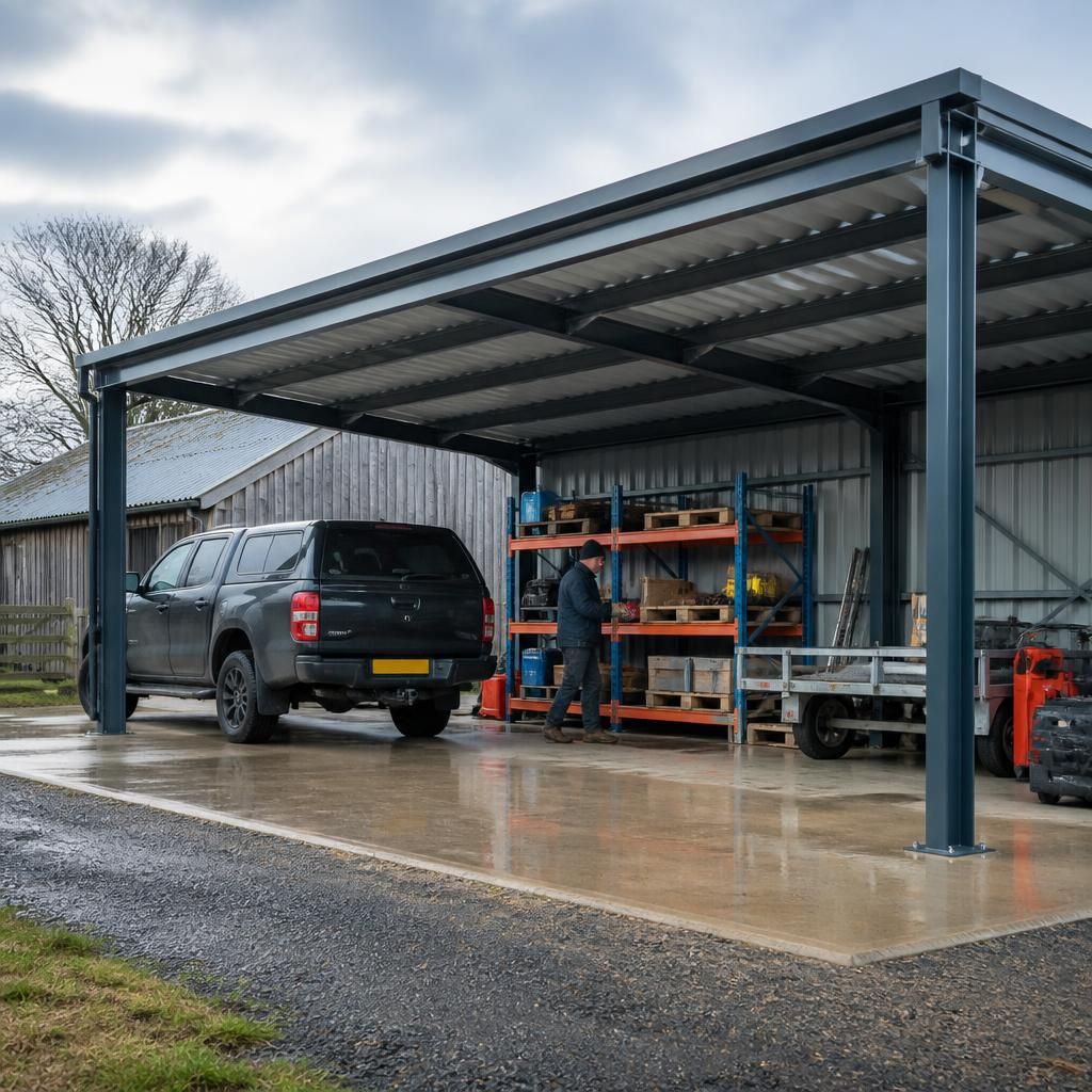 Steel carport sheltering a vehicle beside organised shelving and stored equipment