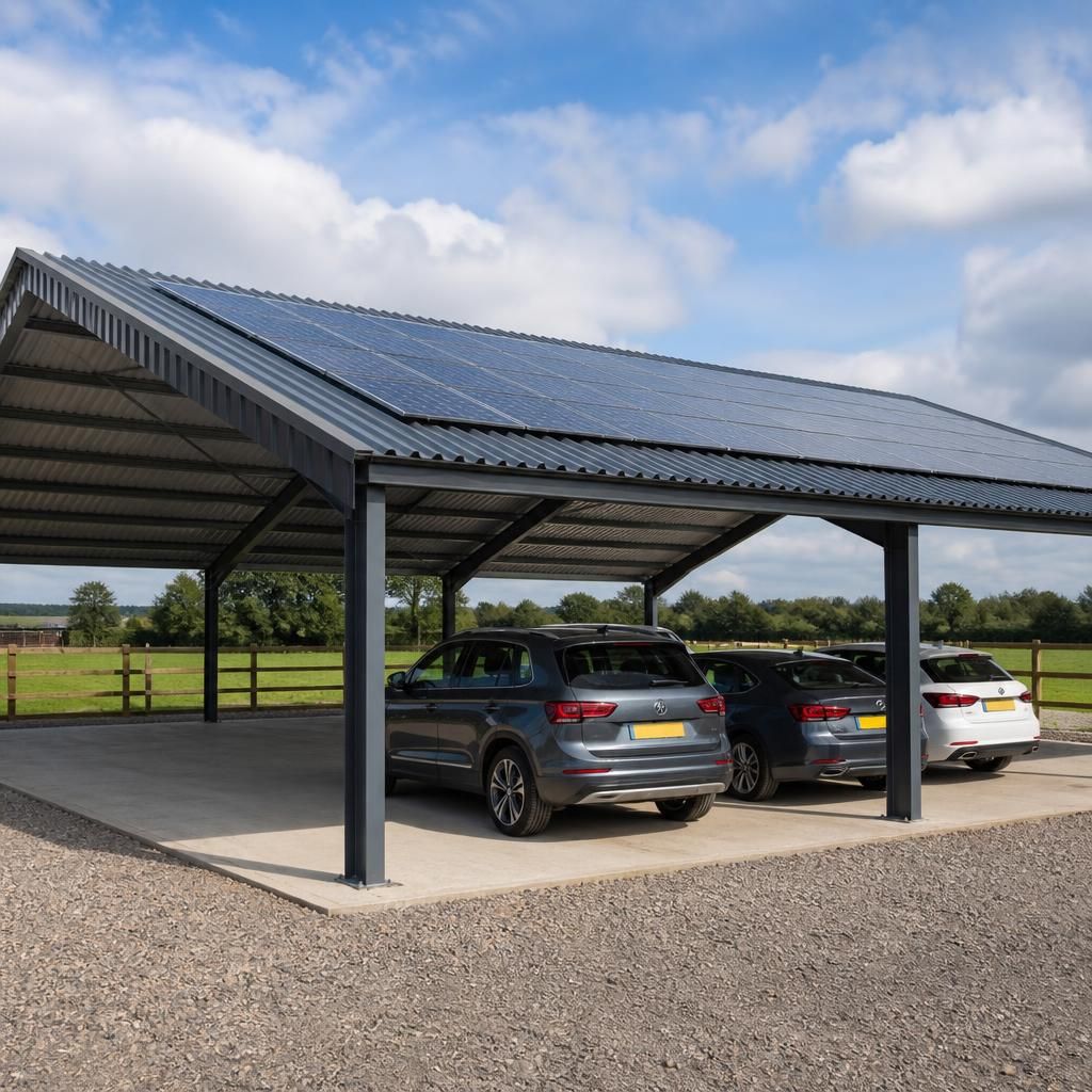 Solar panels mounted on the pitched roof of an open-sided steel carport