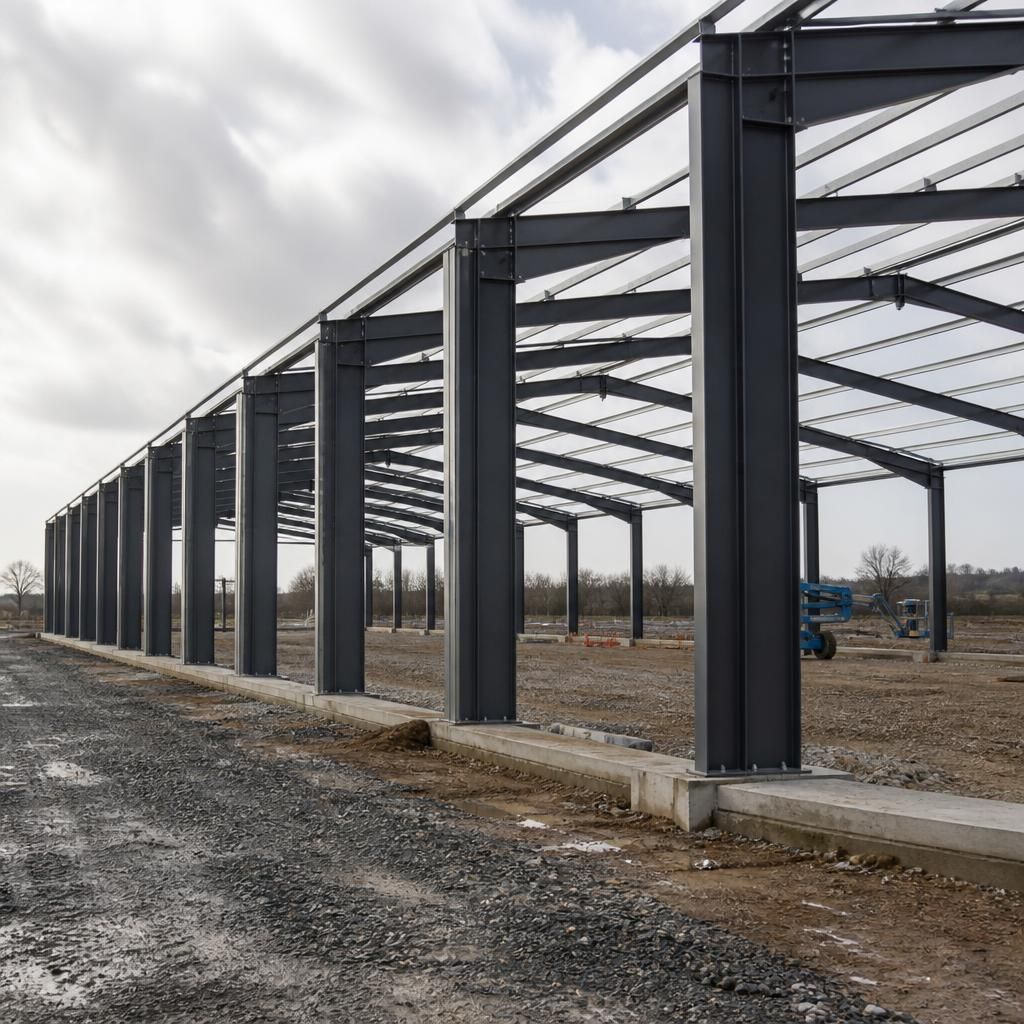 Steel portal frames showing the bay spacing and eaves height of a large building