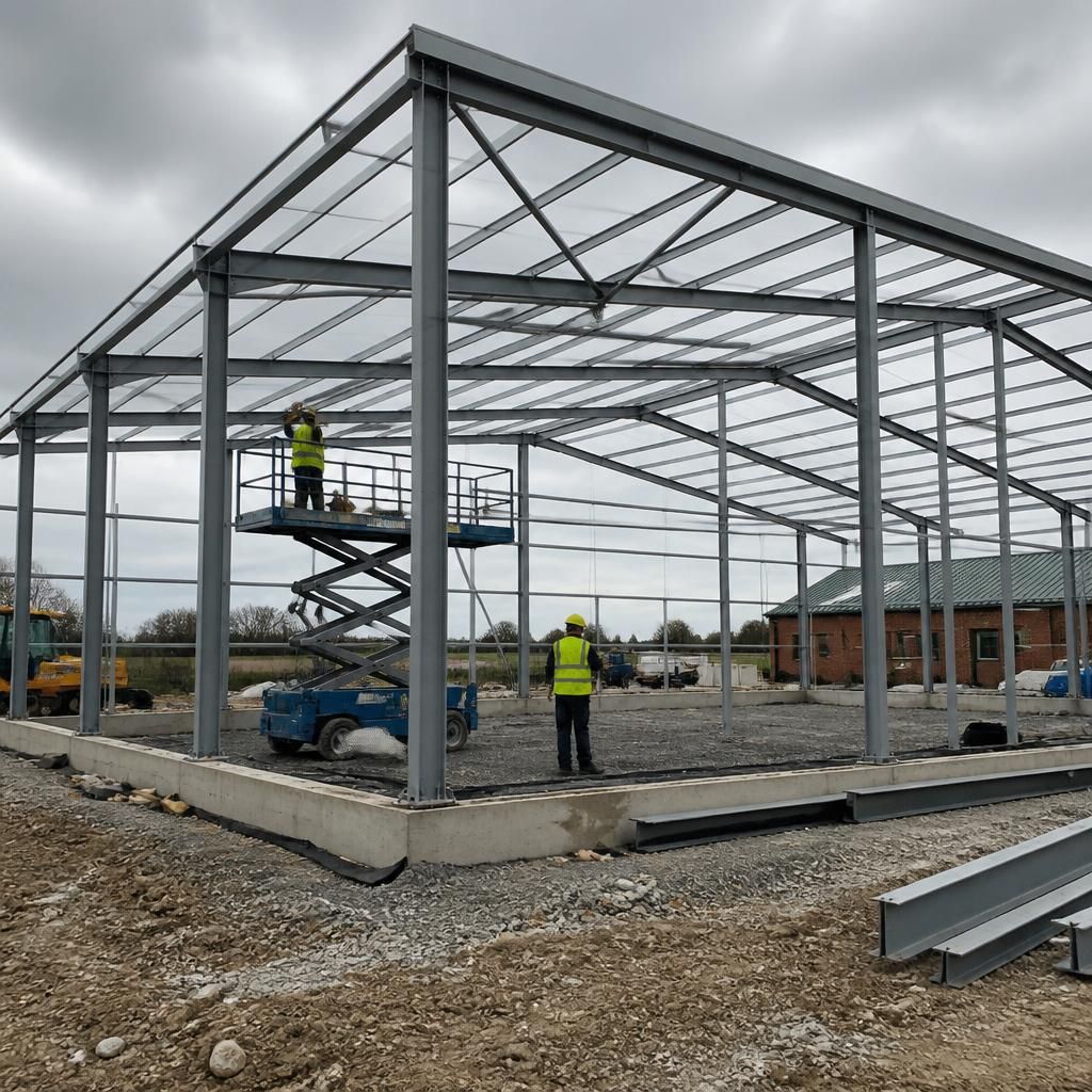 Steel frame being assembled around a non-standard building footprint