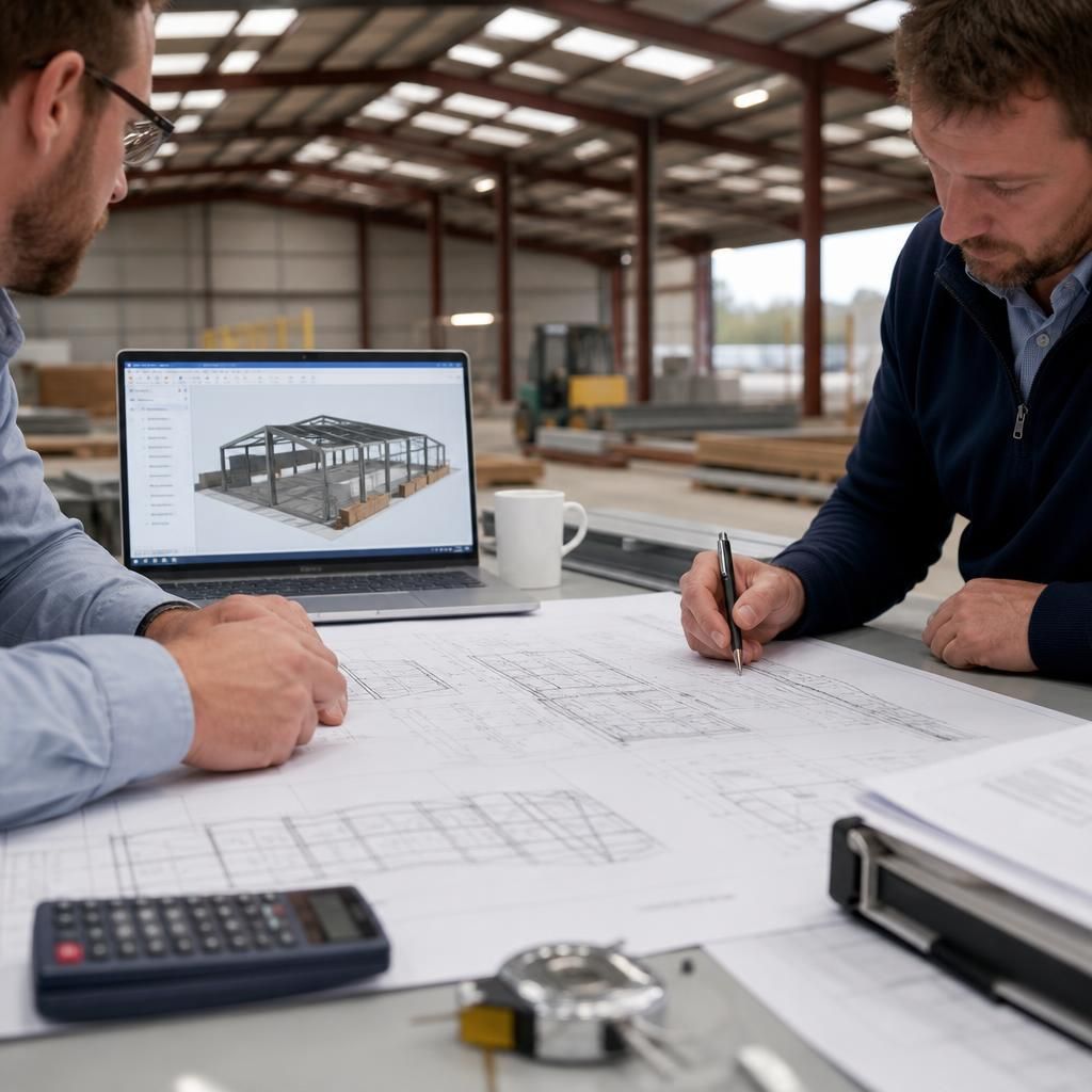 Steel building frame with large vehicle openings and internal bay spacing