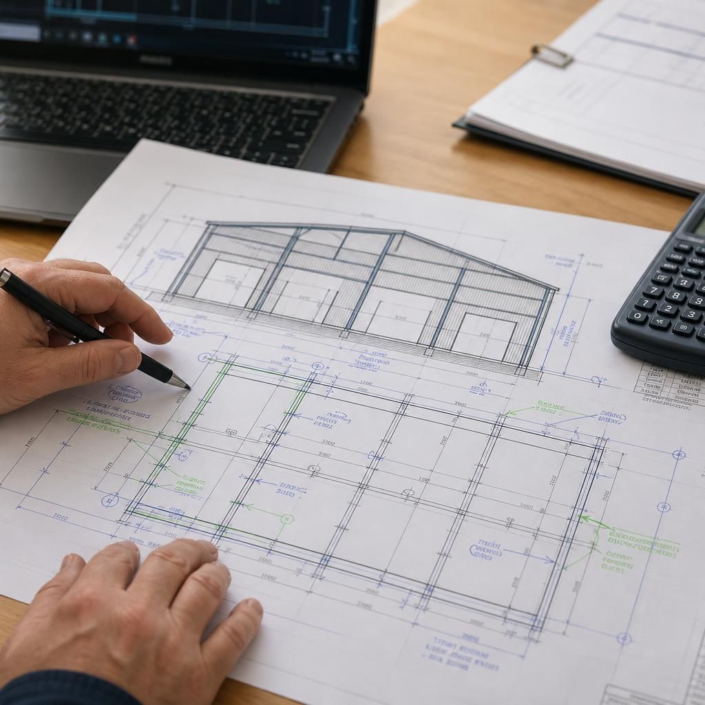 Marked-up steel building plan showing dimensions, openings and structural interfaces