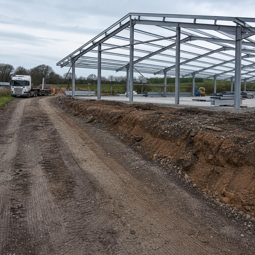 Steel frame building beside uneven ground with a clear plant access route