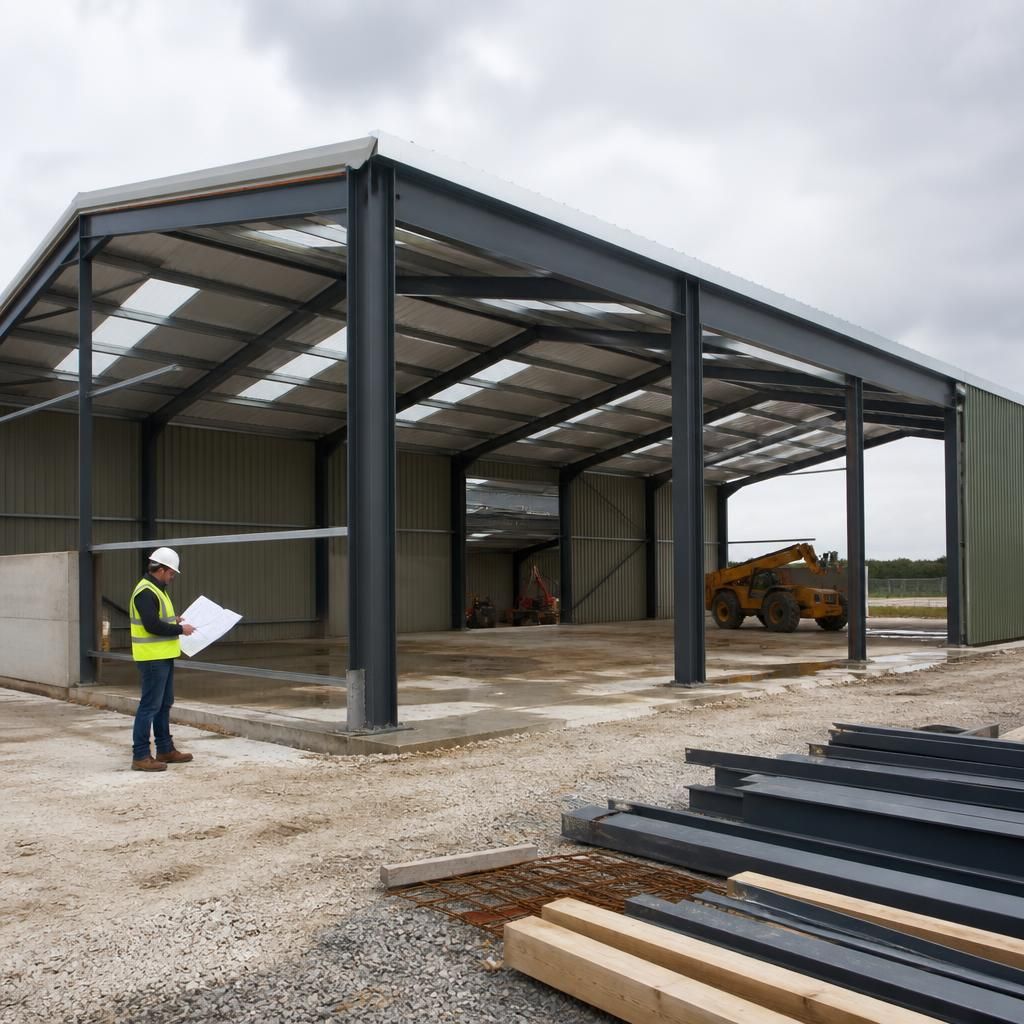 Steel frame building under construction with open bays and large vehicle doors