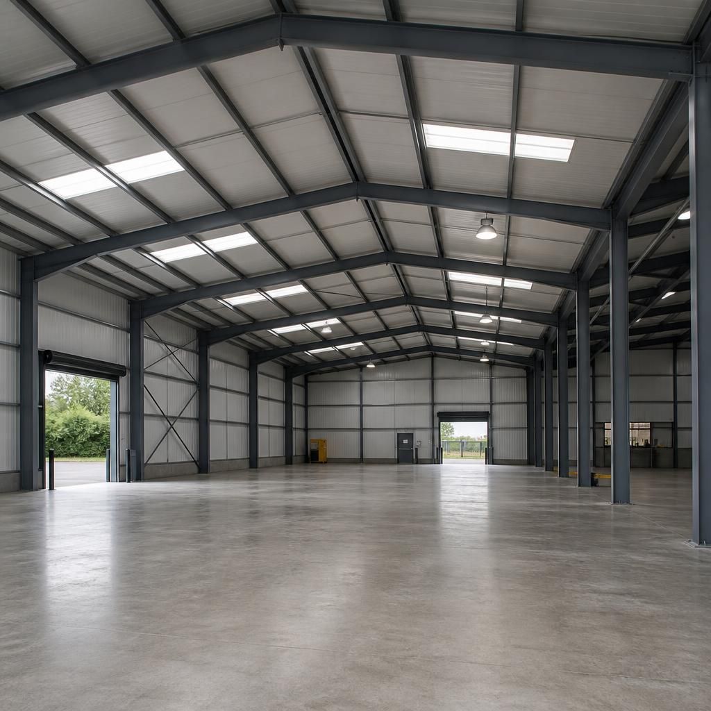 Steel frame structure with wide bays and an open internal floor area