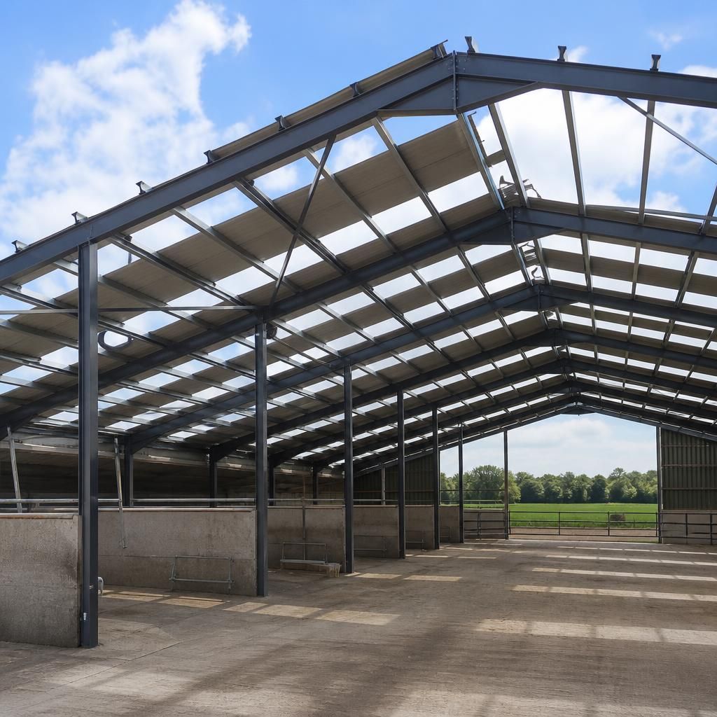 Steel frame structure for a farm building with open bays and roof trusses
