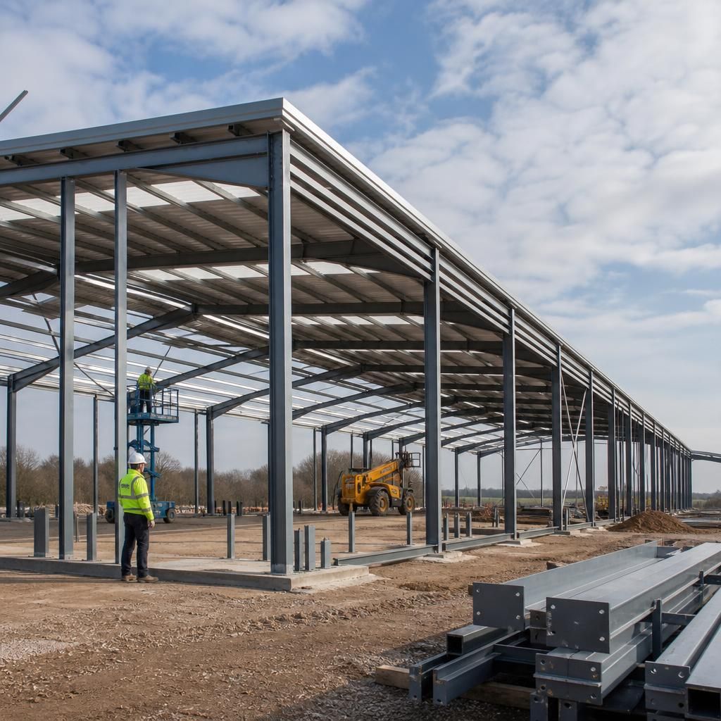 Hot rolled steel frame building under construction with columns, rafters and roof cladding