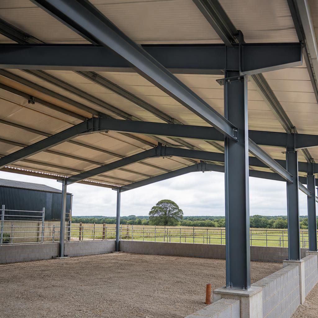 Steel beam supported by columns within an agricultural building frame