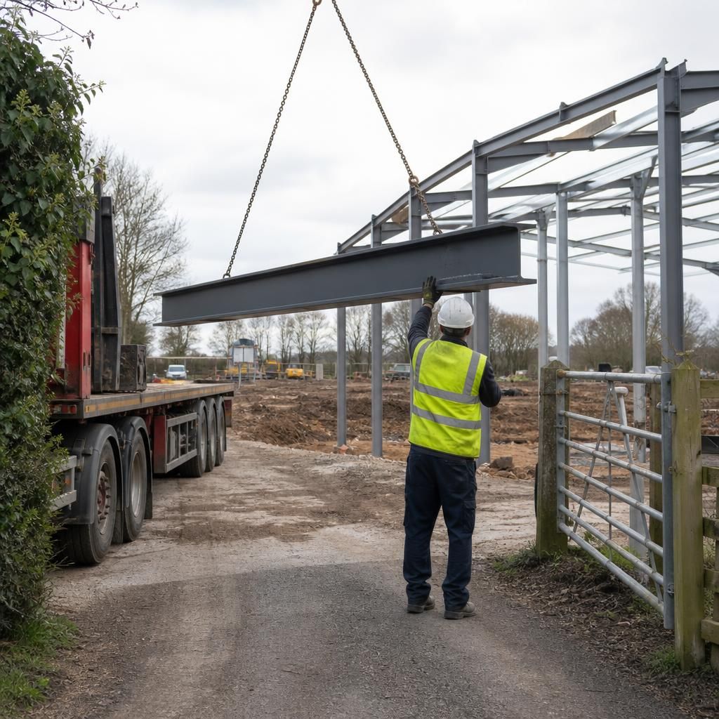 Steel beam being lifted beside a construction site entrance