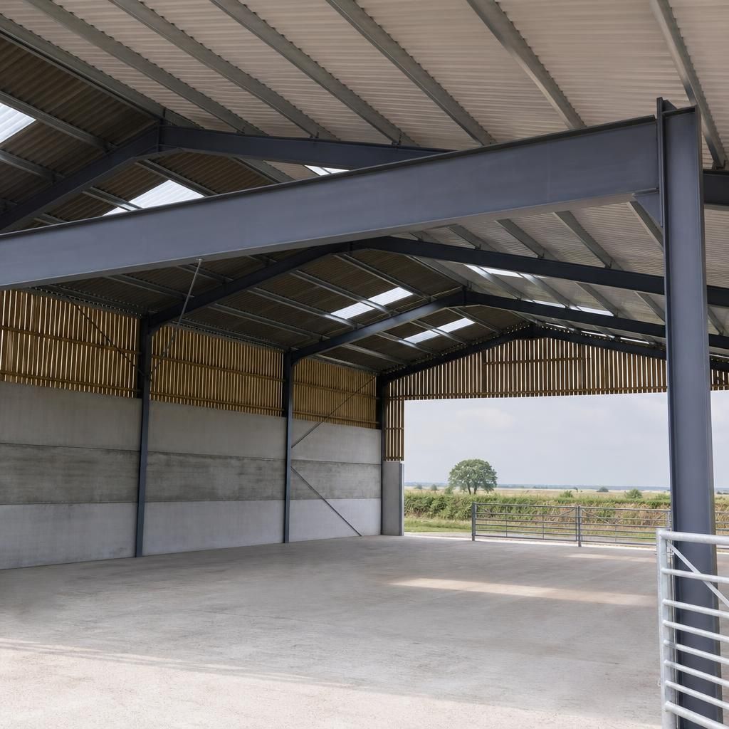 Steel beam spanning an open agricultural building between supporting columns