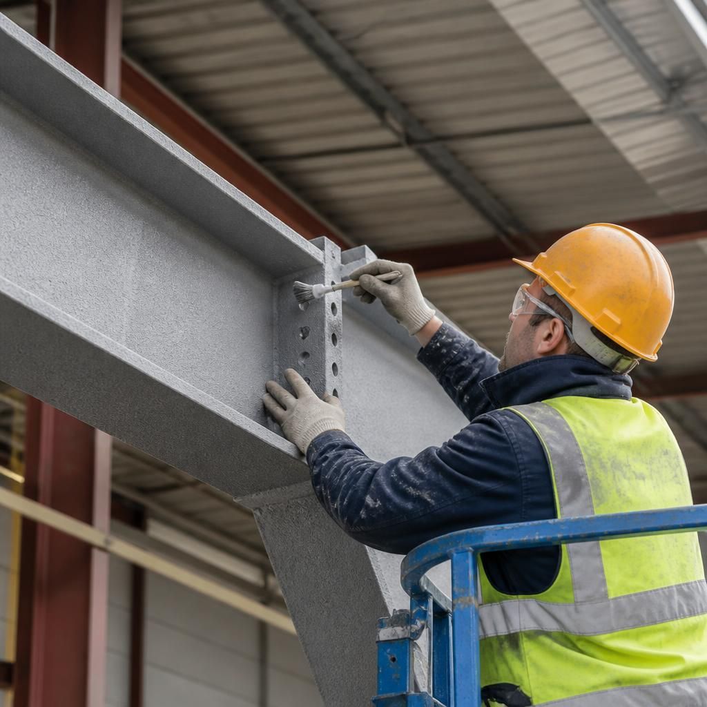 Structural steel beam with a grey fire-resistant coating