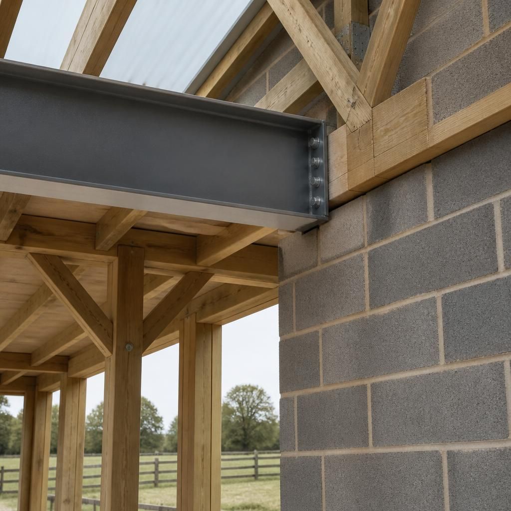 Steel beam supported by a masonry wall beside timber roof supports