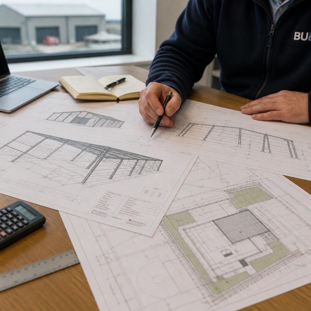 Steel building plan, site layout and elevation drawings on a desk