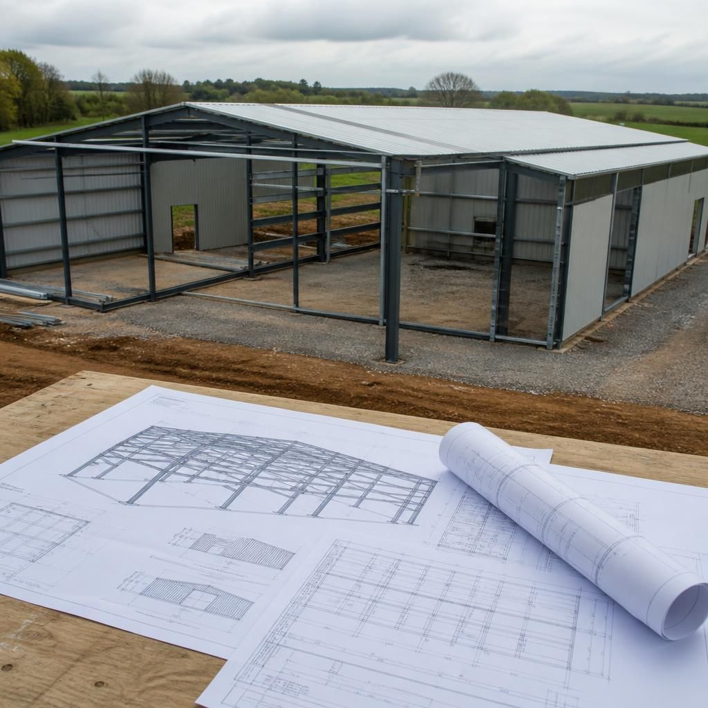 Steel building frame with roof and wall cladding beside construction drawings