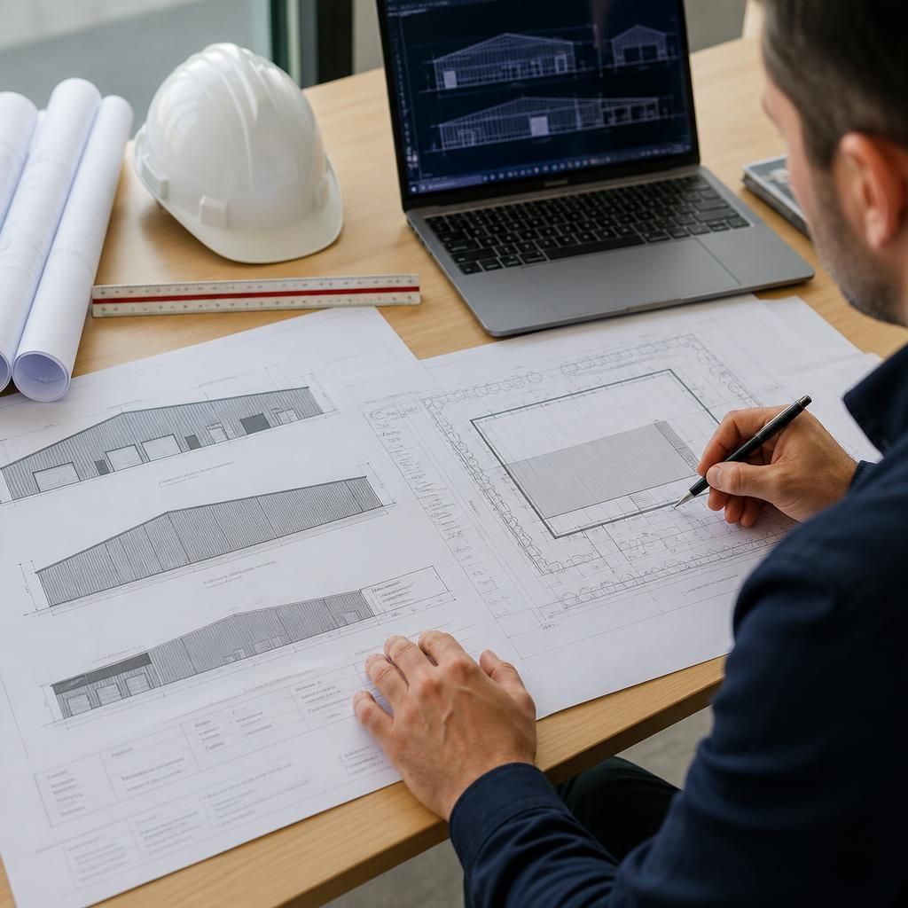 Planning elevation drawings and site layout plans for a steel framed building
