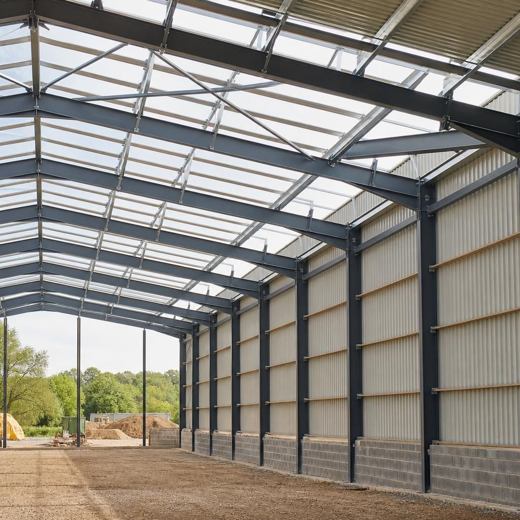 Steel building frame with roof trusses and wall panels under construction