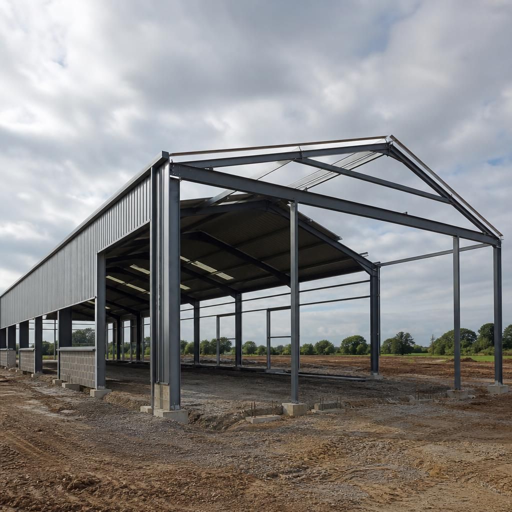 Hot rolled steel building frame with an open end bay for a future extension