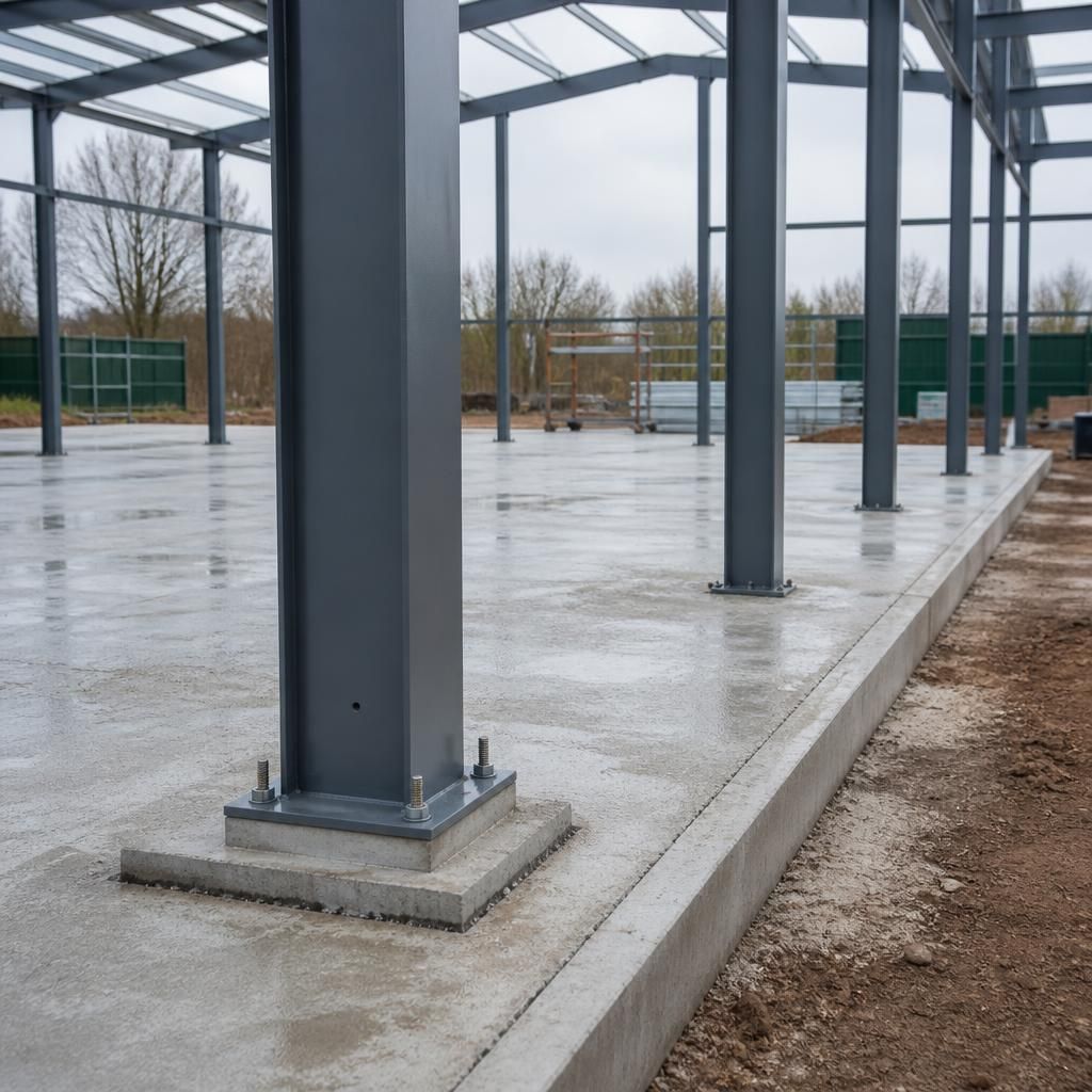 Steel columns positioned on a prepared concrete foundation