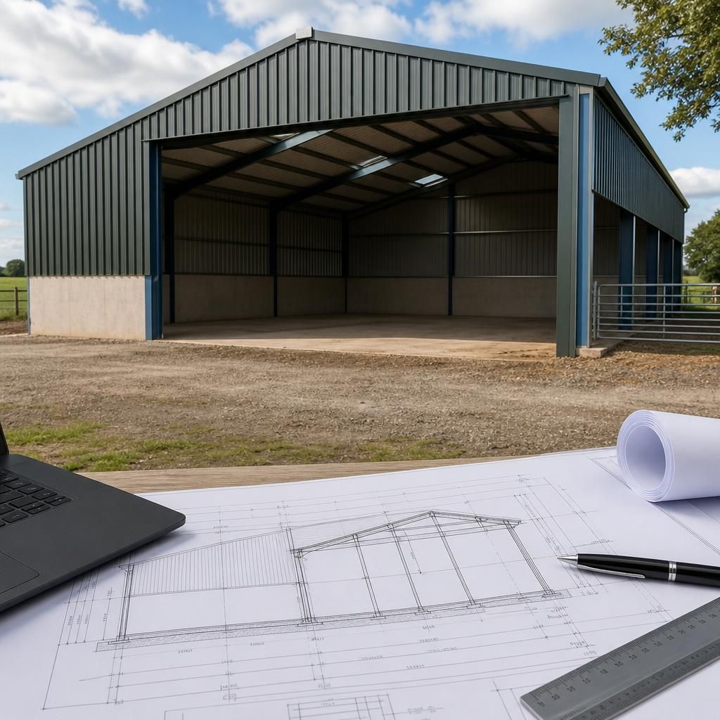 Steel-framed agricultural building beside a planning elevation drawing