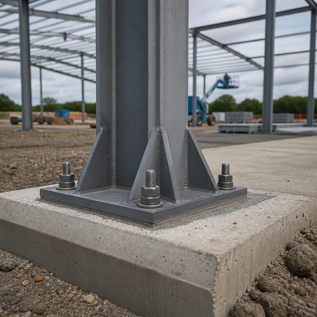 Steel column base plate secured to a concrete foundation with holding-down bolts