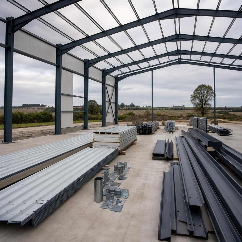 Steel building frame with roof and wall cladding components ready for installation