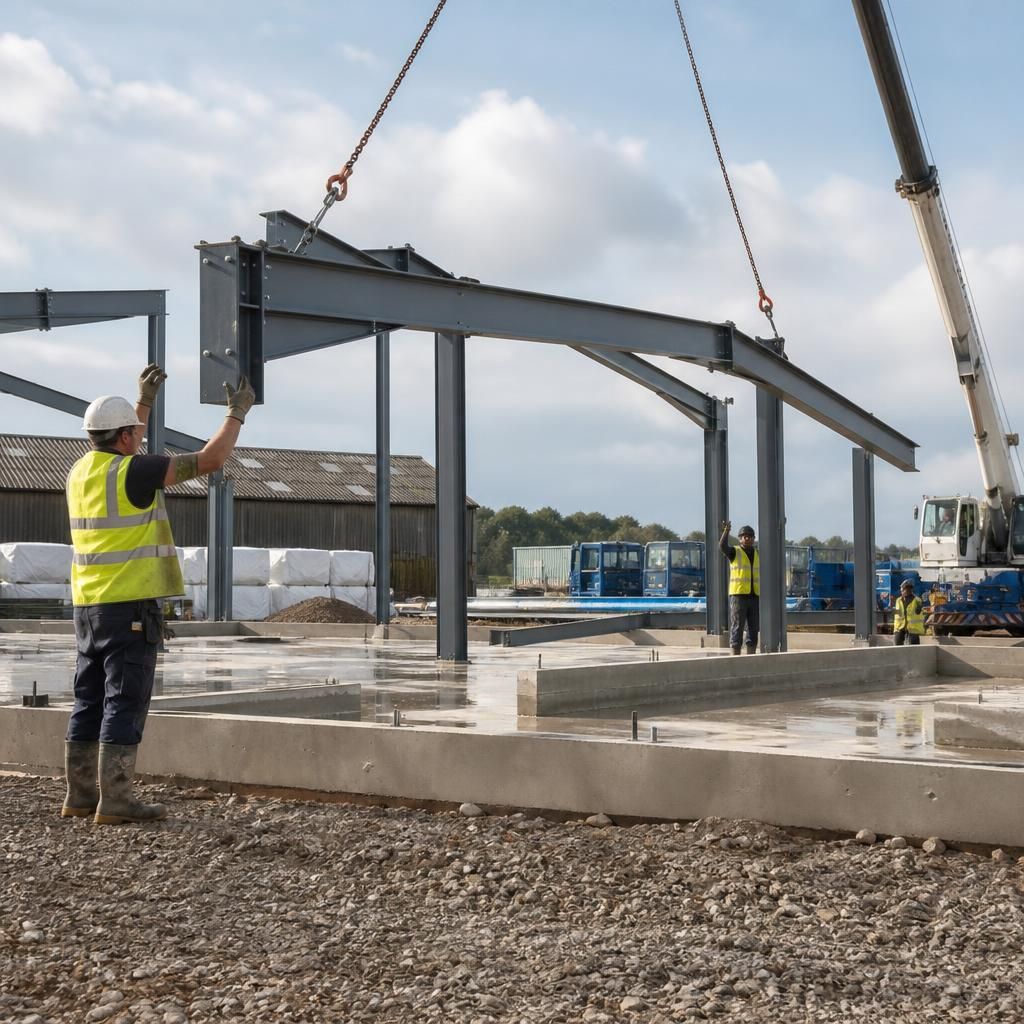 Steel frame sections being lifted into position on a prepared building foundation