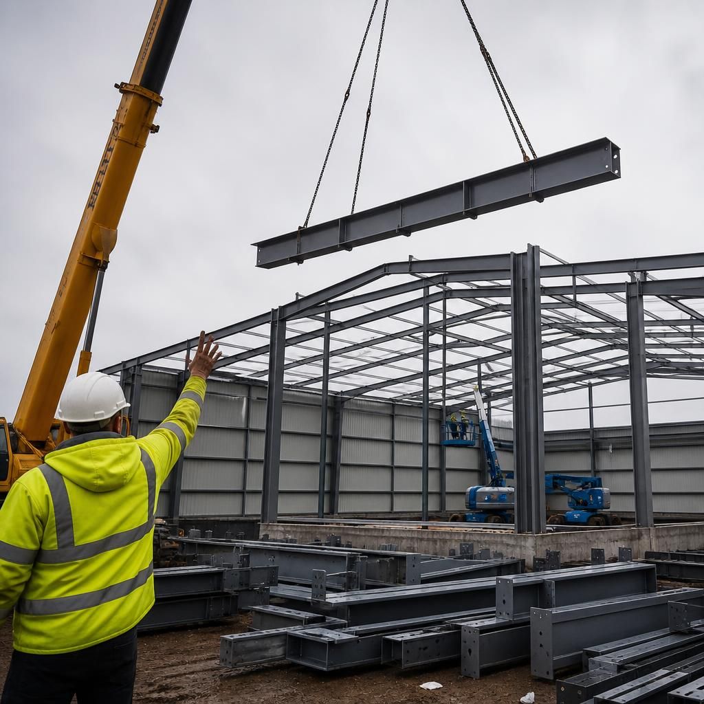 Crane lifting a steel frame member beside a partially erected building