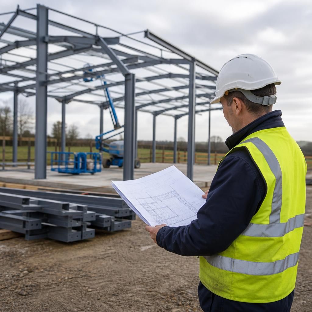 Construction worker reviewing steel frame erection plans beside a partially assembled frame