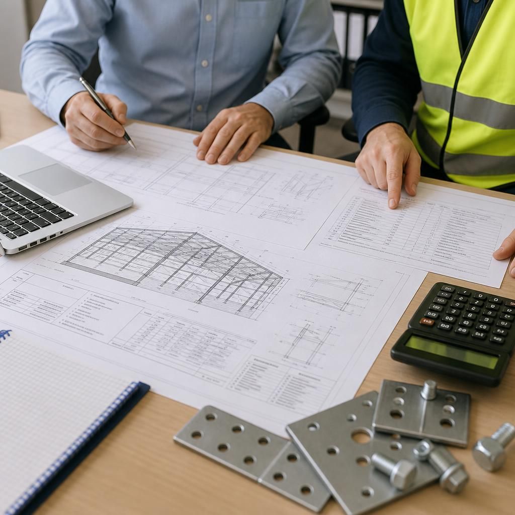 Steel erection quotation documents showing drawings, material details and installation notes