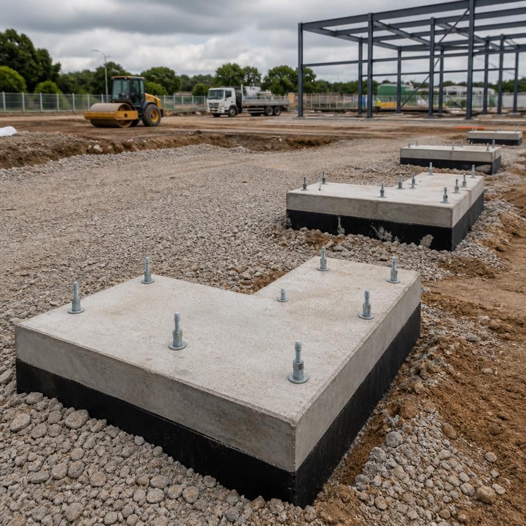 Concrete foundation pads with holding-down bolts ready for a steel frame