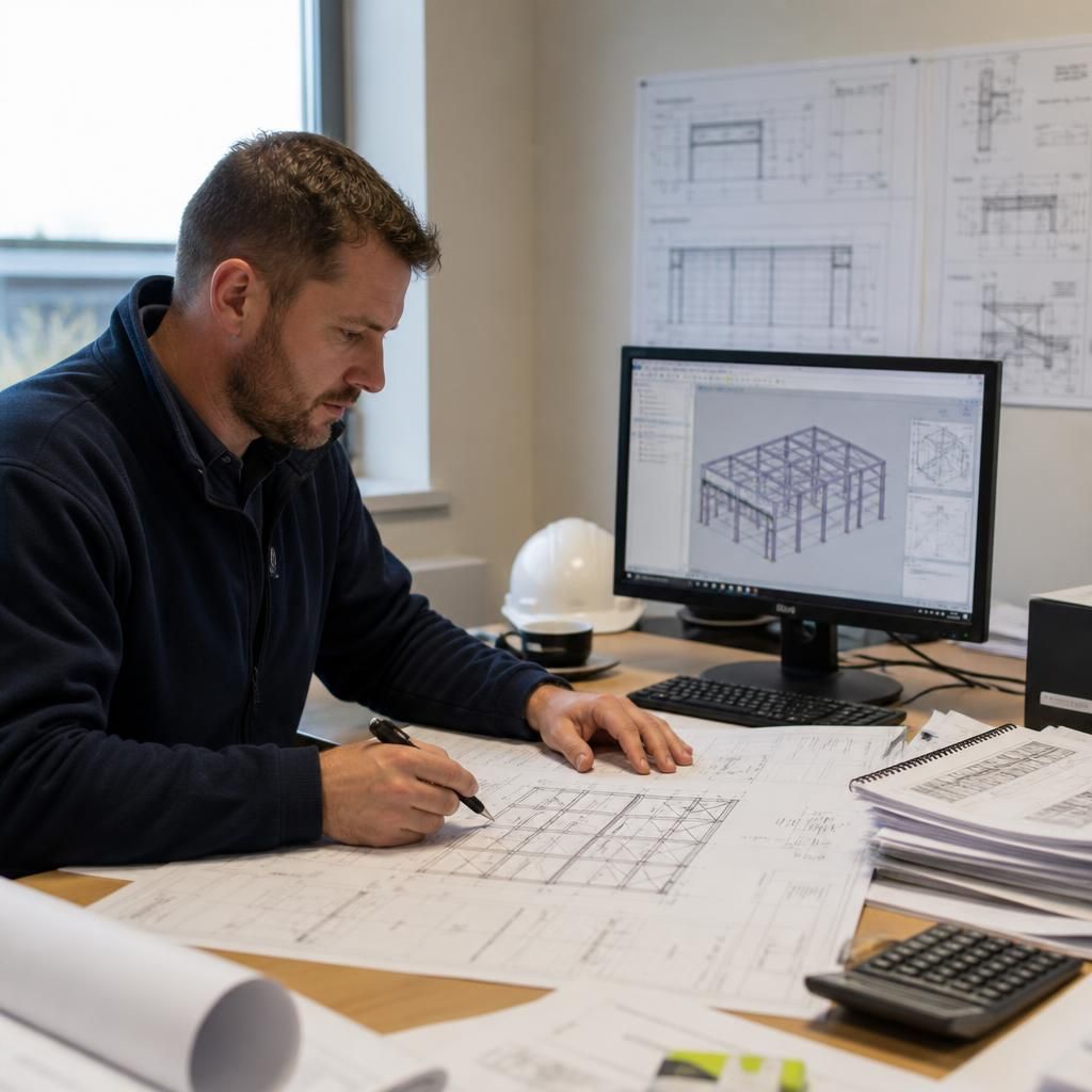 Estimator reviewing steel frame drawings and site plans for an erection quotation