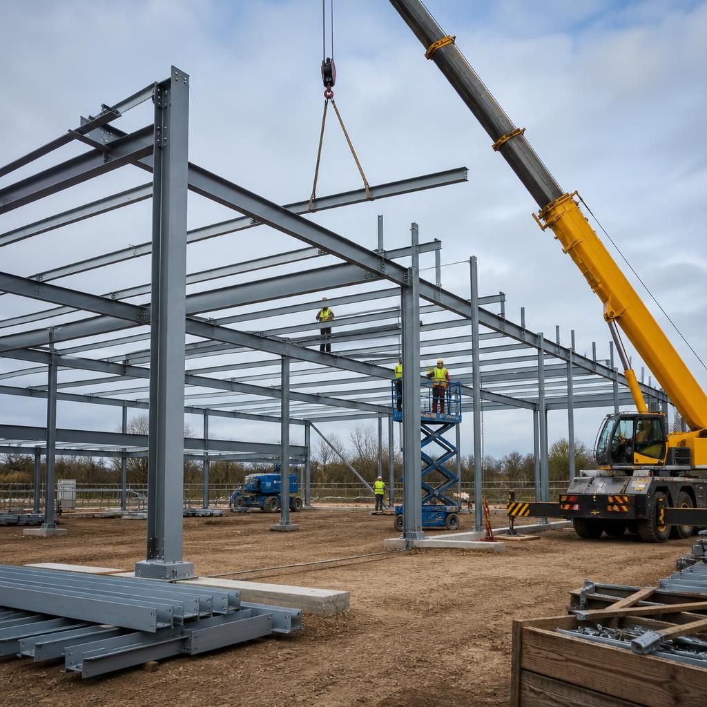Steel frame columns and rafters being assembled on a construction site