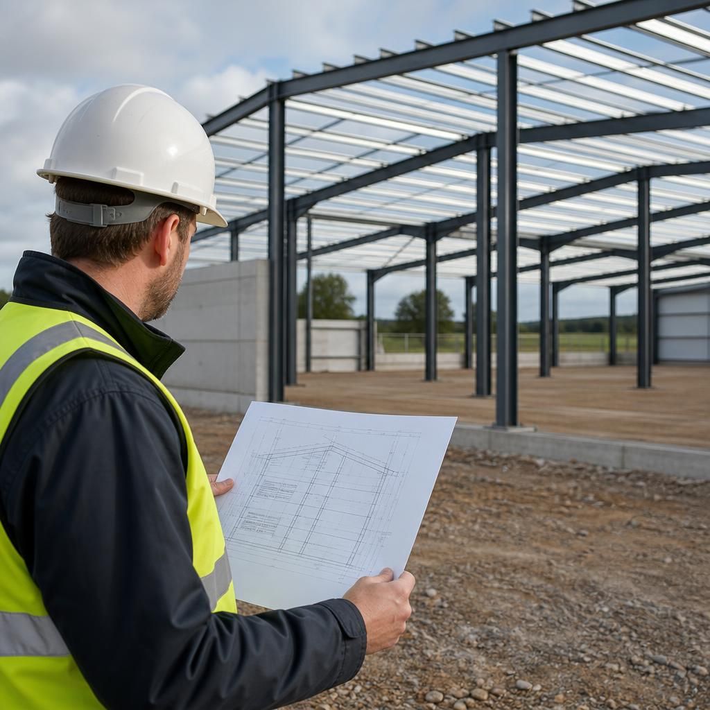 Worker reviewing steel frame drawings beside an erected building structure