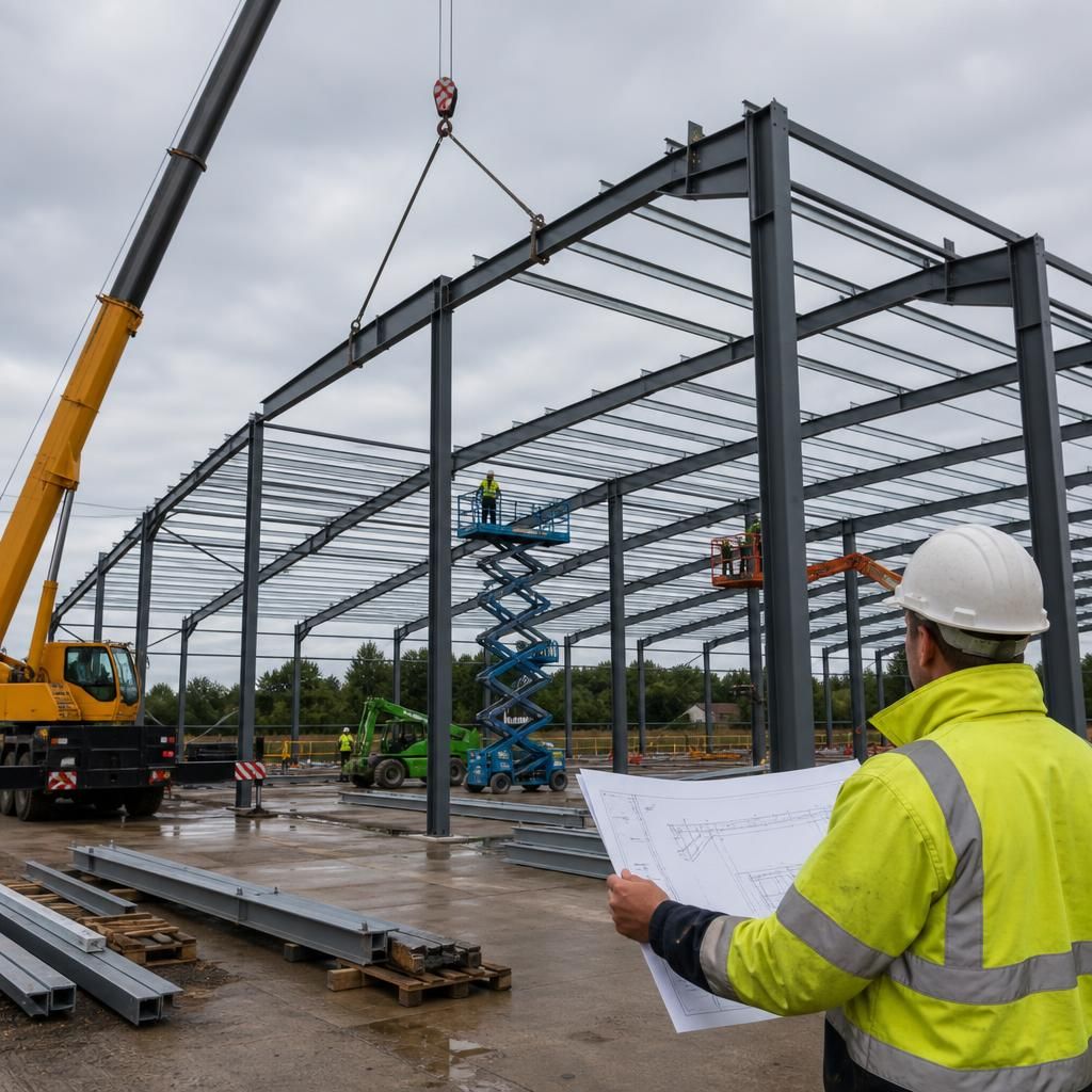 Steel frame columns and rafters assembled on a construction site