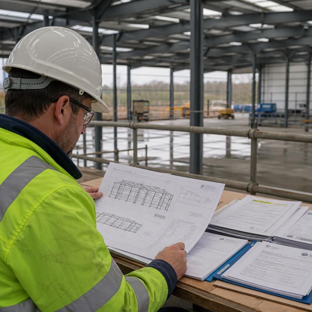Engineer reviewing steel frame drawings, inspection records and completion certificates