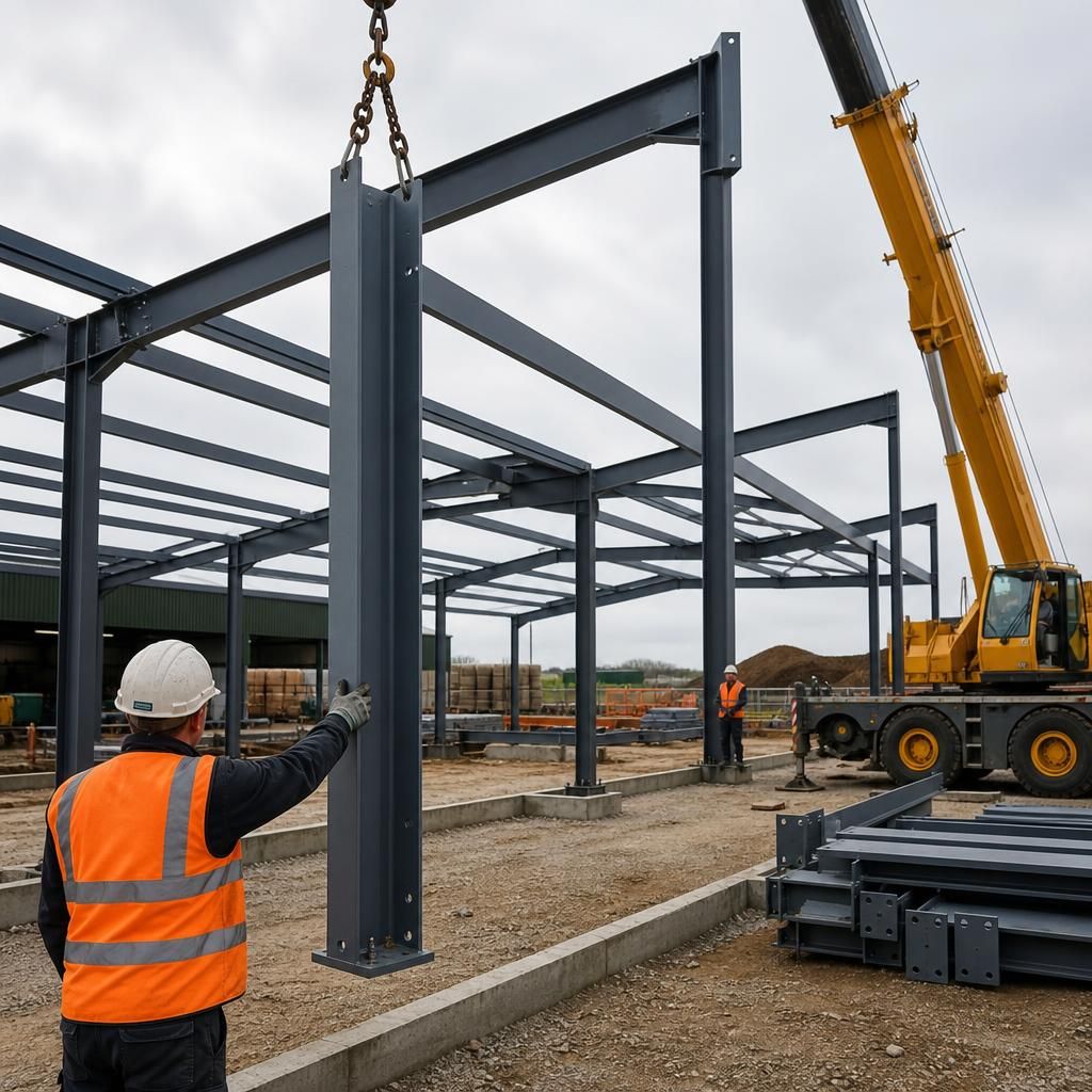 Workers using a crane to position a steel frame column on a building site