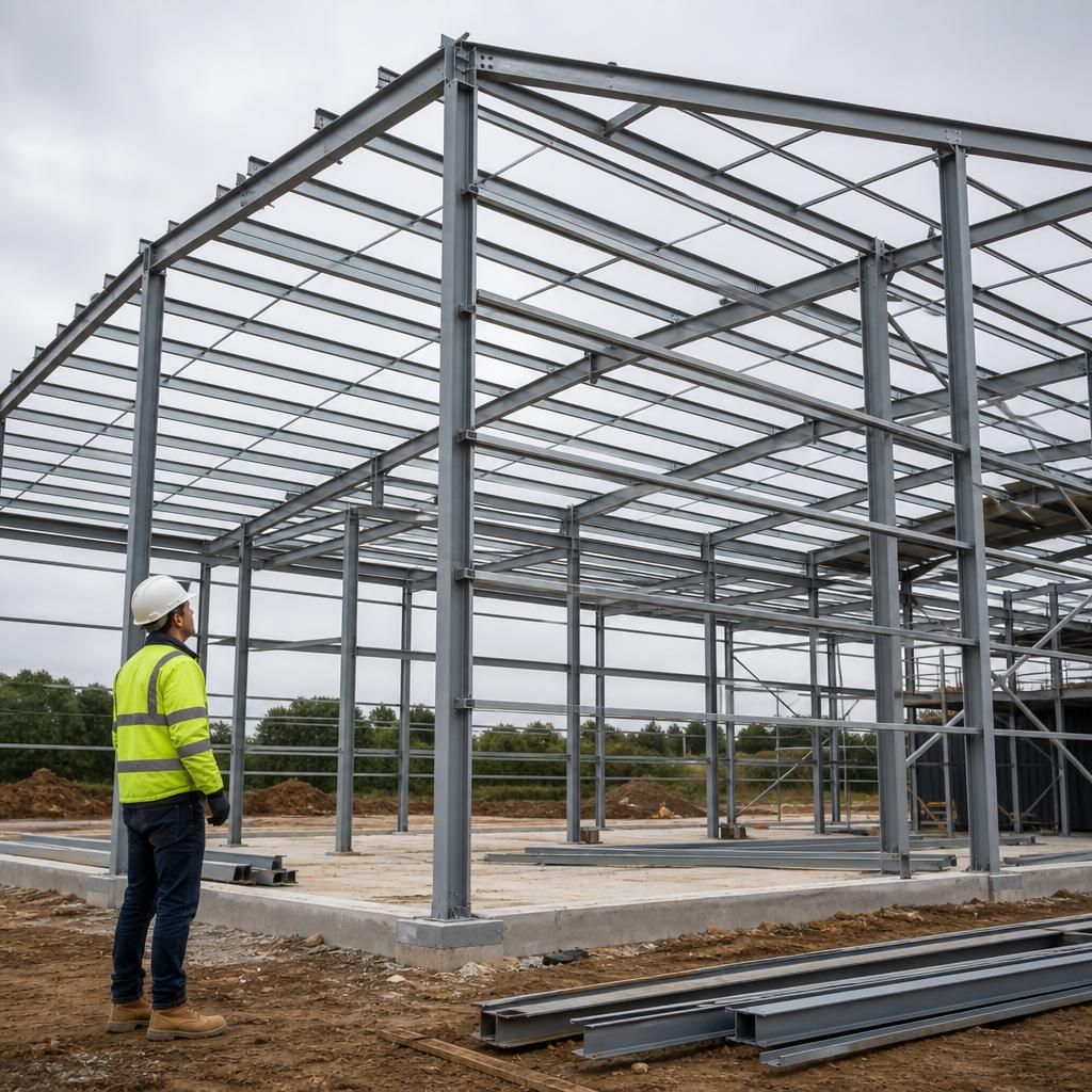 Steel frame with purlins and side rails installed before cladding