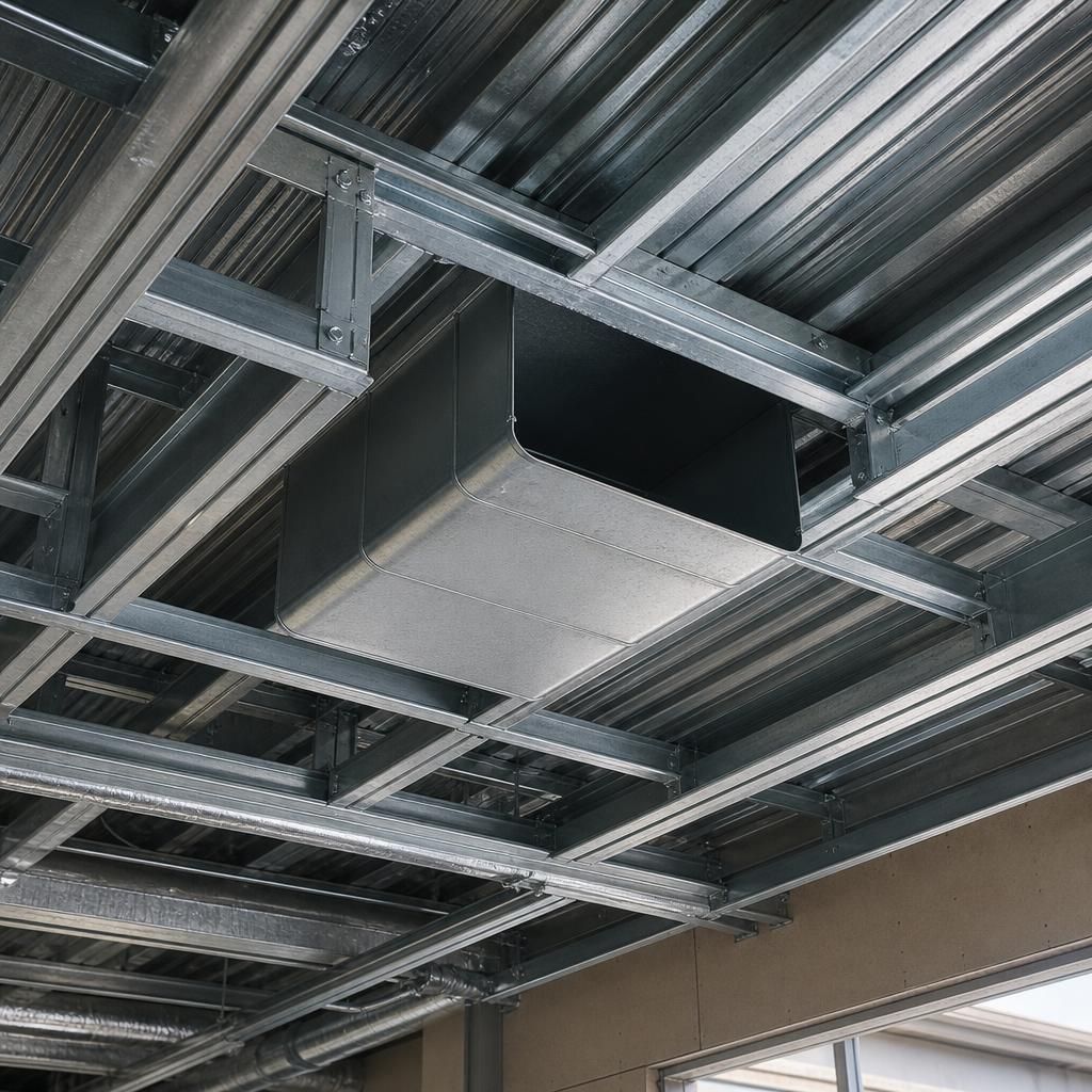 Steel ceiling framing with a duct opening formed between supporting members